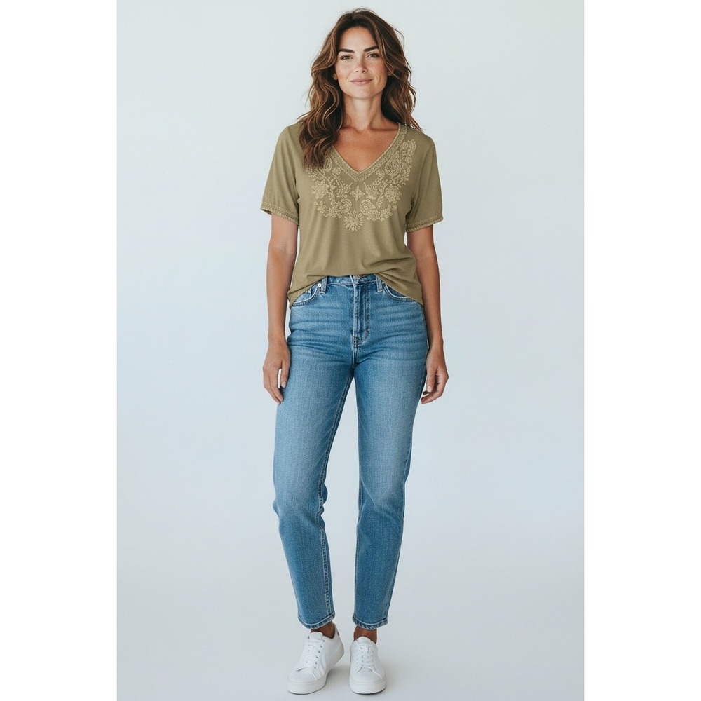 Solitaire Mineral Wash Tan Embroidered V-Neck Rayon Short Sleeve Boho Sz LTop